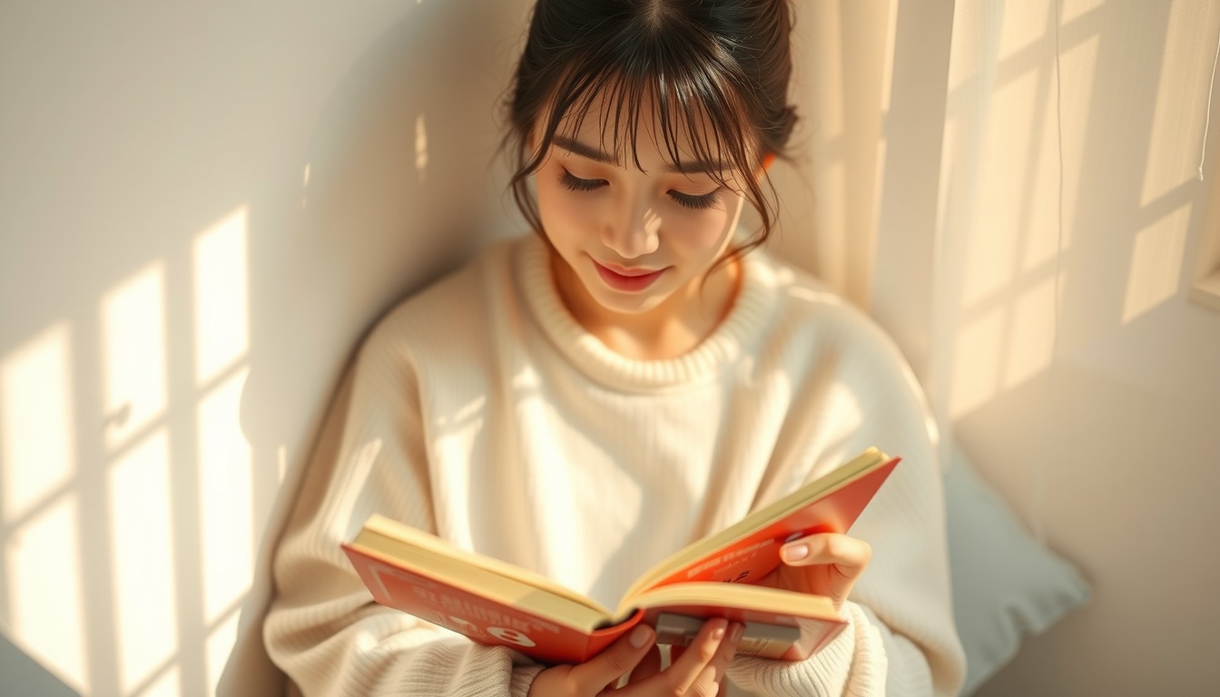 독서 추천 - Korean woman upper body shot with face visible, sitting in cozy reading nook with warm light and open book, natural hands, book recommendation lifestyle