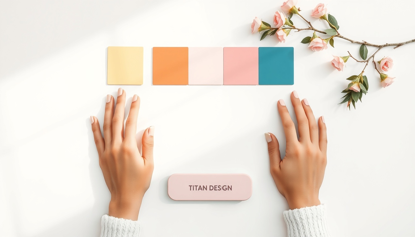 배너 디자인 - flat lay of banner design elements including color palette, typography samples, and CTA button mockup on clean white background