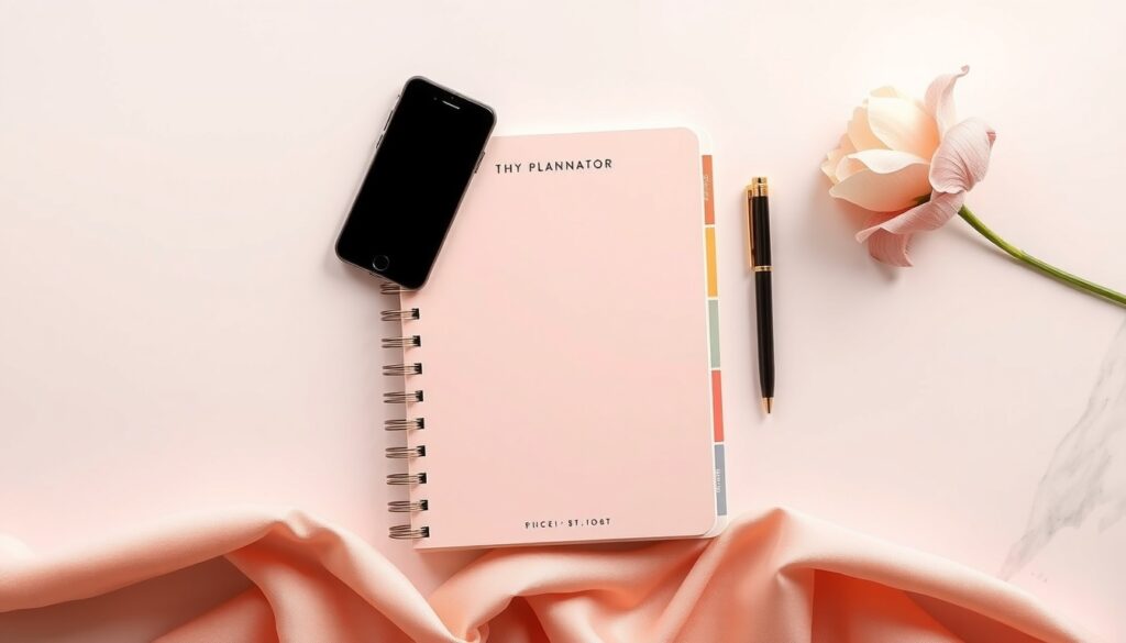 시간 관리 팁 - flat lay of planner notebook, pen, and smartphone on pastel desk, time management tips concept