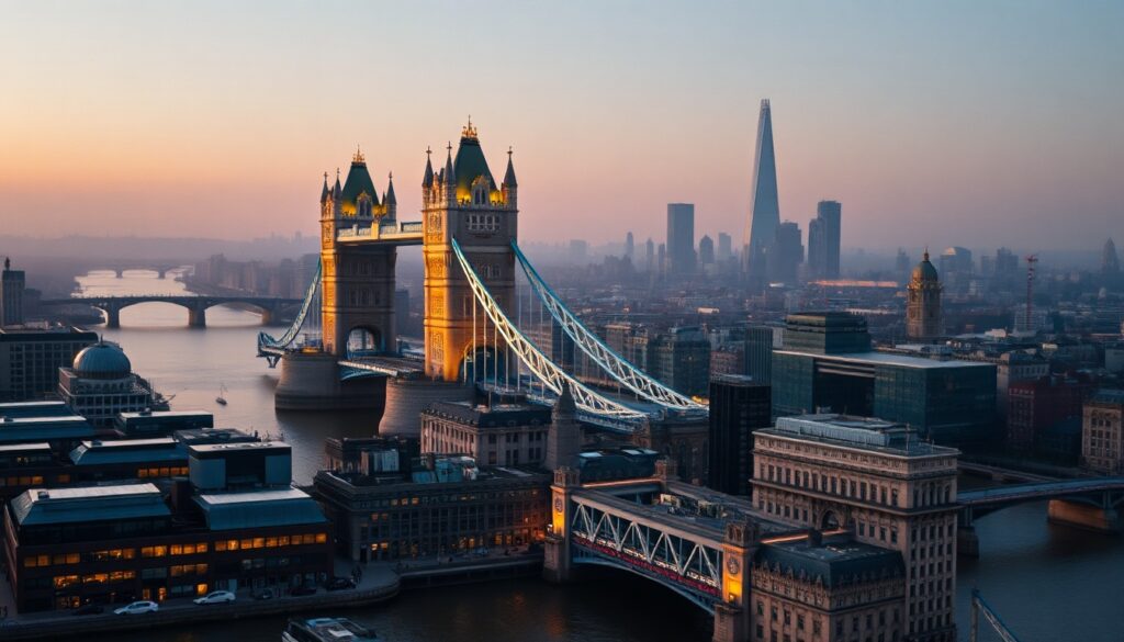 런던 여행 - aerial view of London cityscape with Tower Bridge and Thames River, golden hour lighting, travel concept