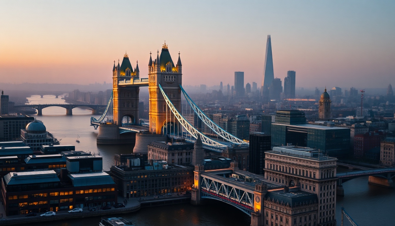 런던 여행 - aerial view of London cityscape with Tower Bridge and Thames River, golden hour lighting, travel concept