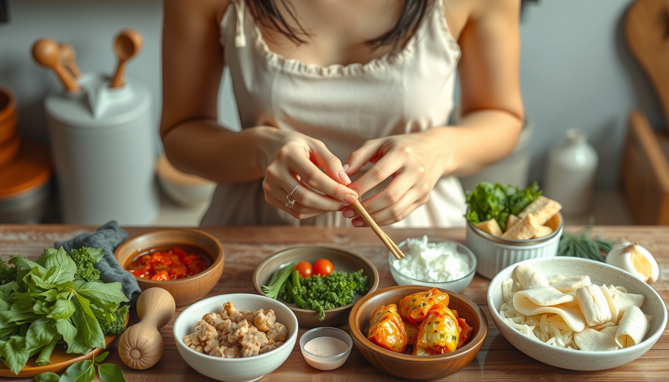 집밥 메뉴 추천 - flat lay of various Korean home-cooked meal ingredients on a wooden kitchen table, home cooking concept, warm tones