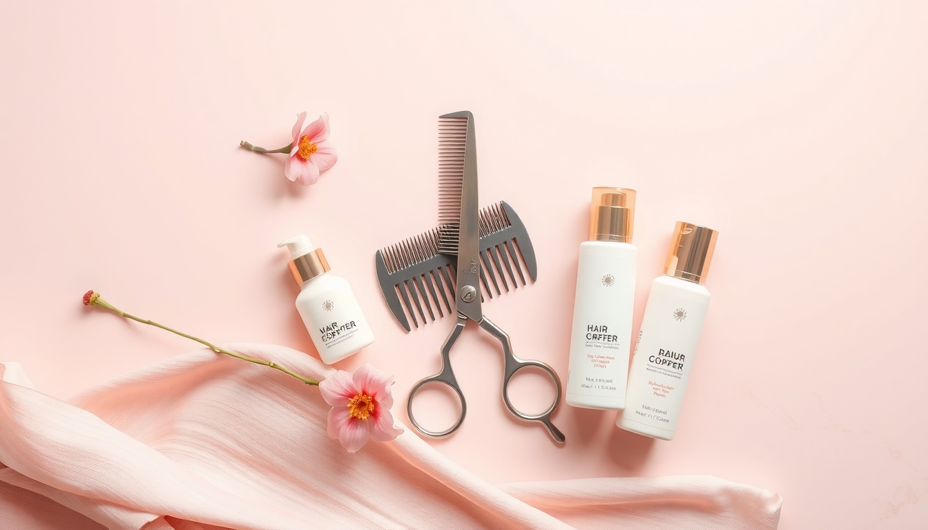 파마 망했을때 컷 - flat lay of professional hair cutting scissors, comb, and hair care products on white marble surface, perm hair care concept