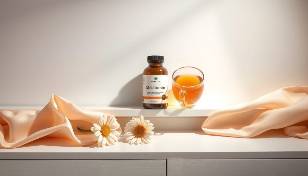 멜라토닉 - flat lay of melatonin supplement bottle and chamomile tea on white wooden desk, soft lighting, sleep concept