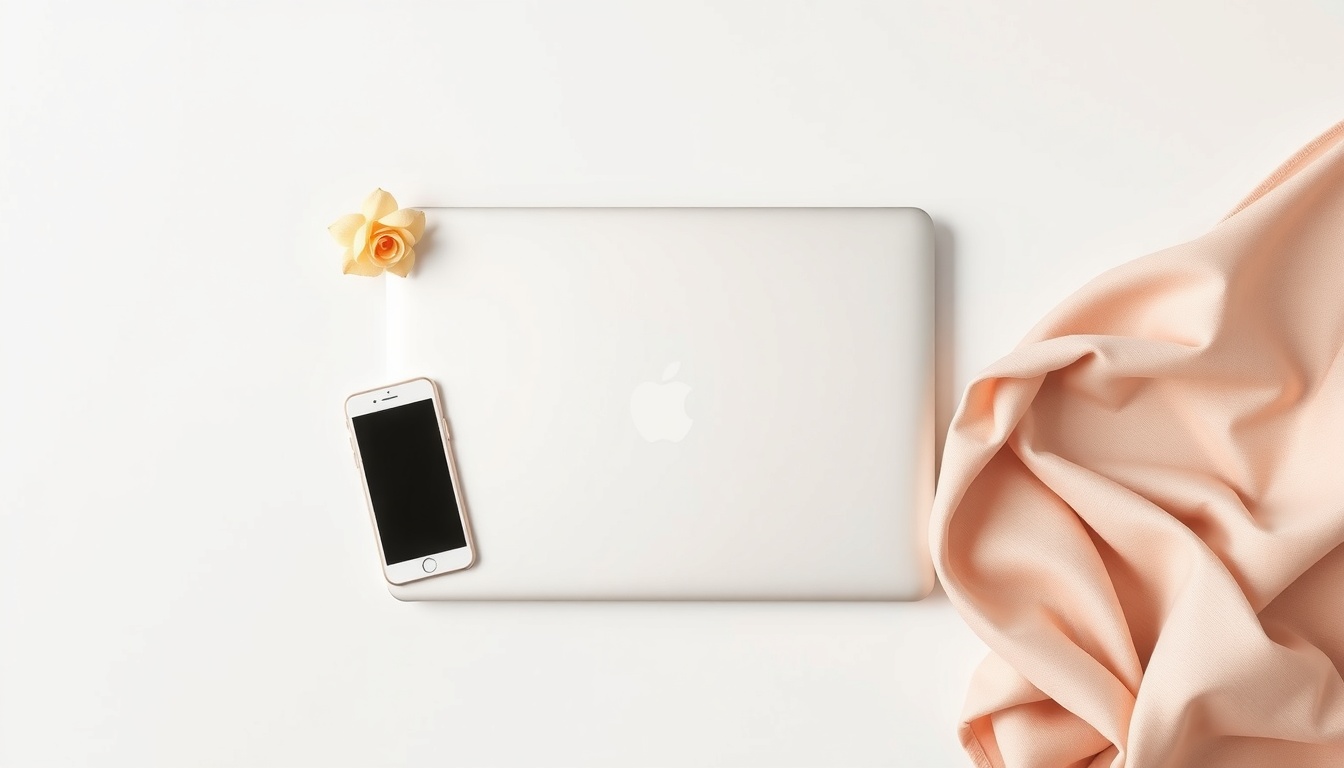 목업 디자인 - flat lay of laptop and smartphone mockup design templates on white desk, modern design concept