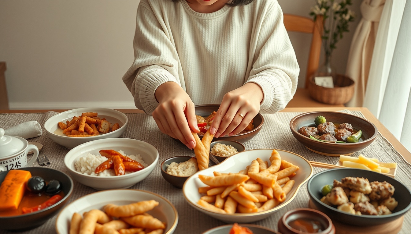 집밥 메뉴 추천 - Korean home-cooked meal spread with multiple side dishes on a dining table, warm and cozy home cooking atmosphere, upper body shot of Korean woman with face visible setting the table, natural hands