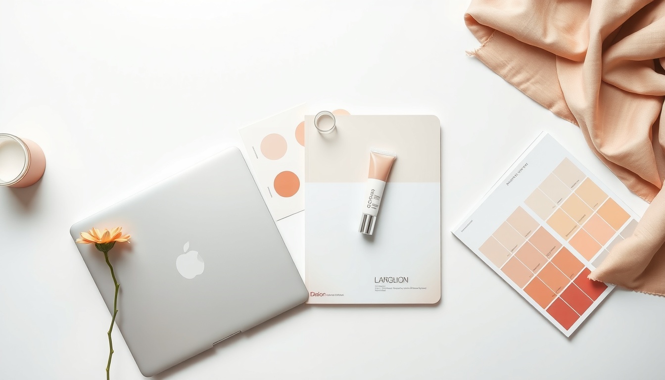 무료 디자인 툴 - flat lay of laptop, color palette swatches, and design sketchbook on white desk, free design tools concept