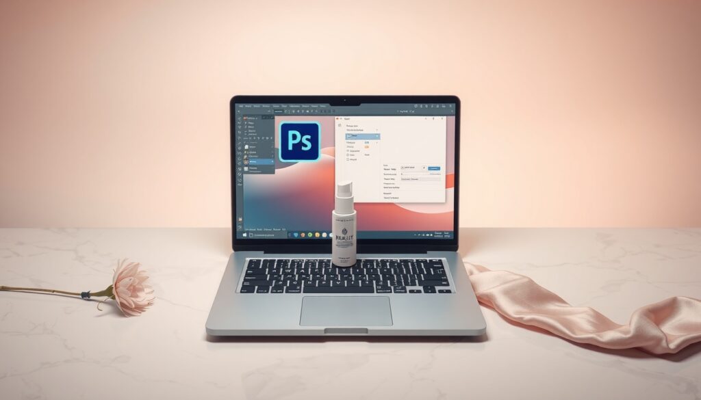 포토샵 강좌 - flat lay of laptop with Adobe Photoshop interface open on screen, photoshop tutorial concept, overhead view on white desk