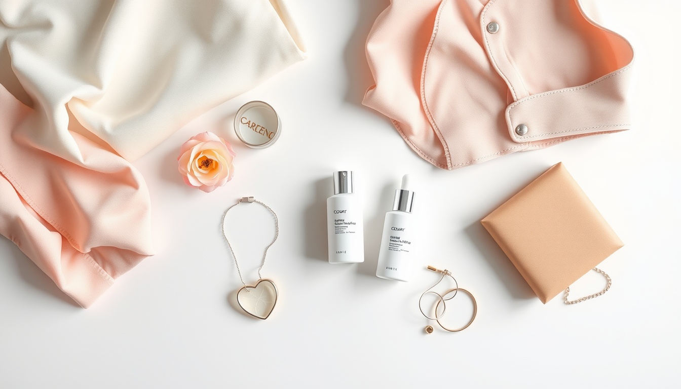 체형별 코디 - flat lay of stylish women's clothing items and accessories arranged on white background, body type styling concept
