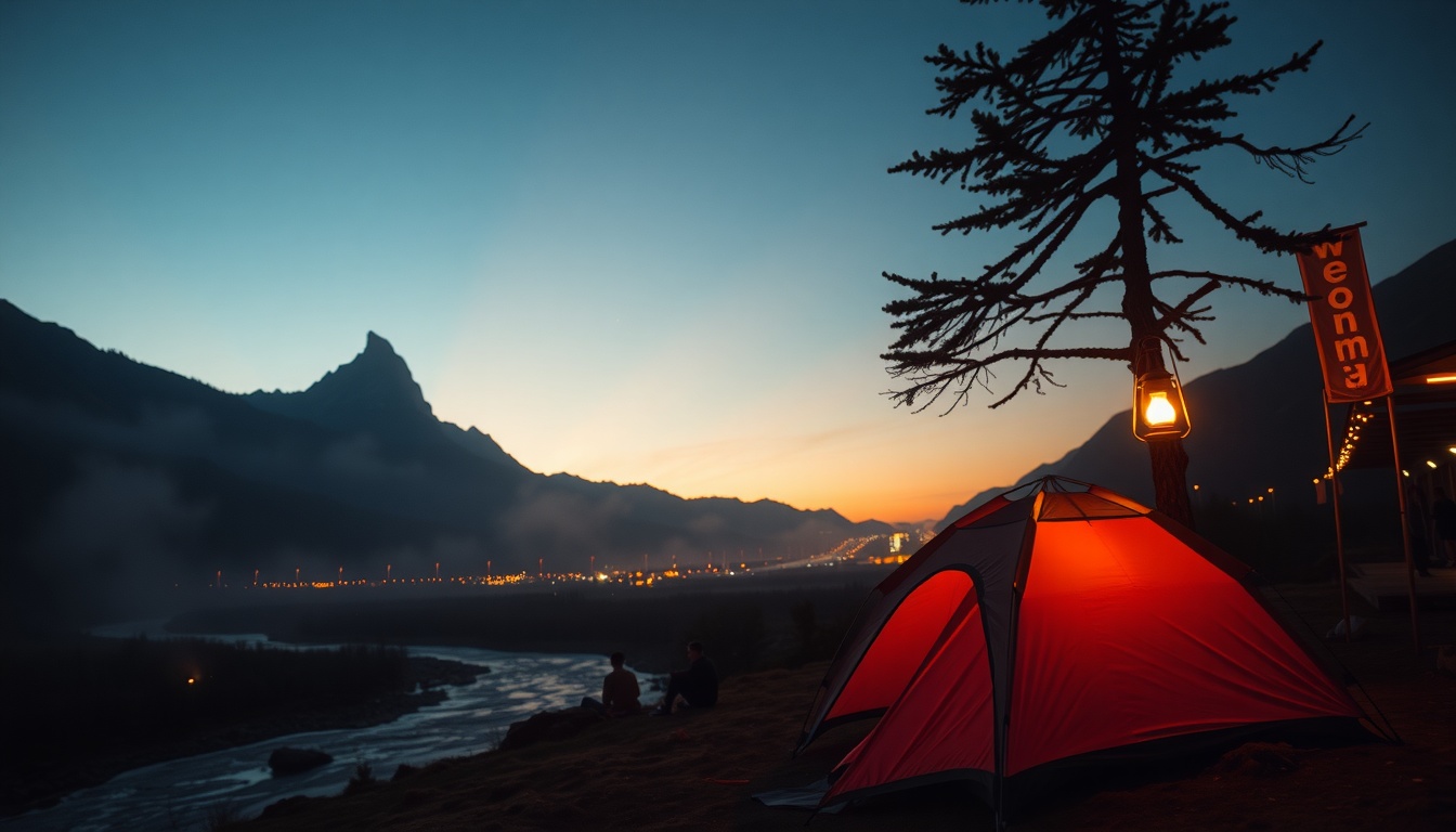 캠핑 추천 - scenic campsite near mountain river with tent and lantern at sunset, camping recommendation in Korea