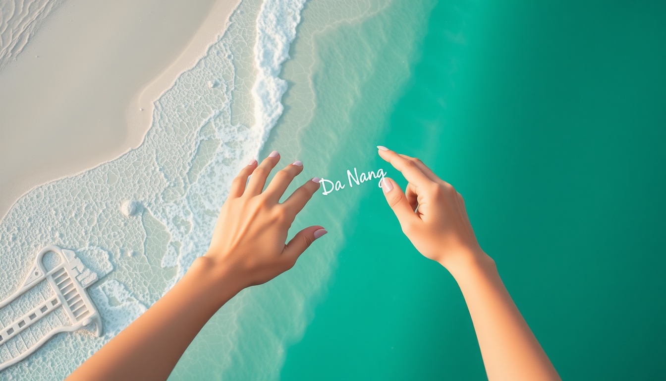 다낭 여행 - aerial view of Da Nang beach Vietnam with turquoise ocean and white sand, travel destination concept