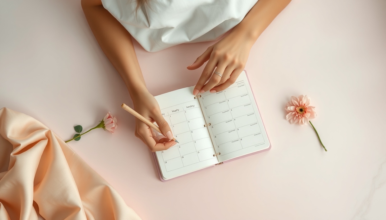 시간 관리 팁 - Korean woman upper body shot with face visible, writing in weekly planner at cozy desk, natural hands, time management concept