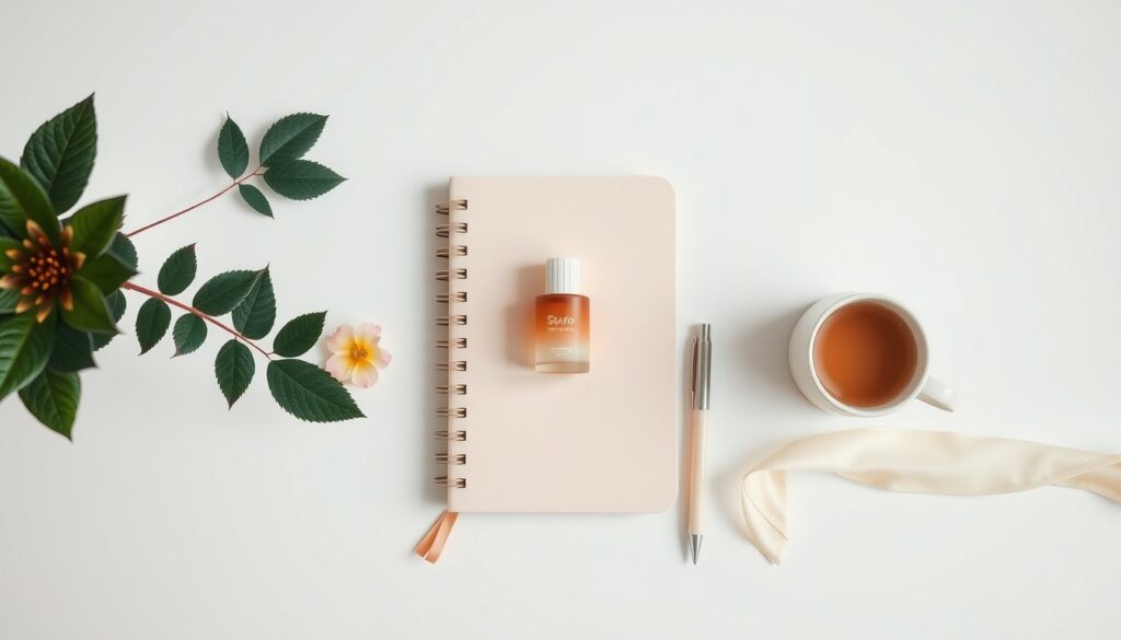 자기계발 방법 - flat lay of journal notebook, pen, coffee cup and plants on white desk, self-improvement morning routine concept