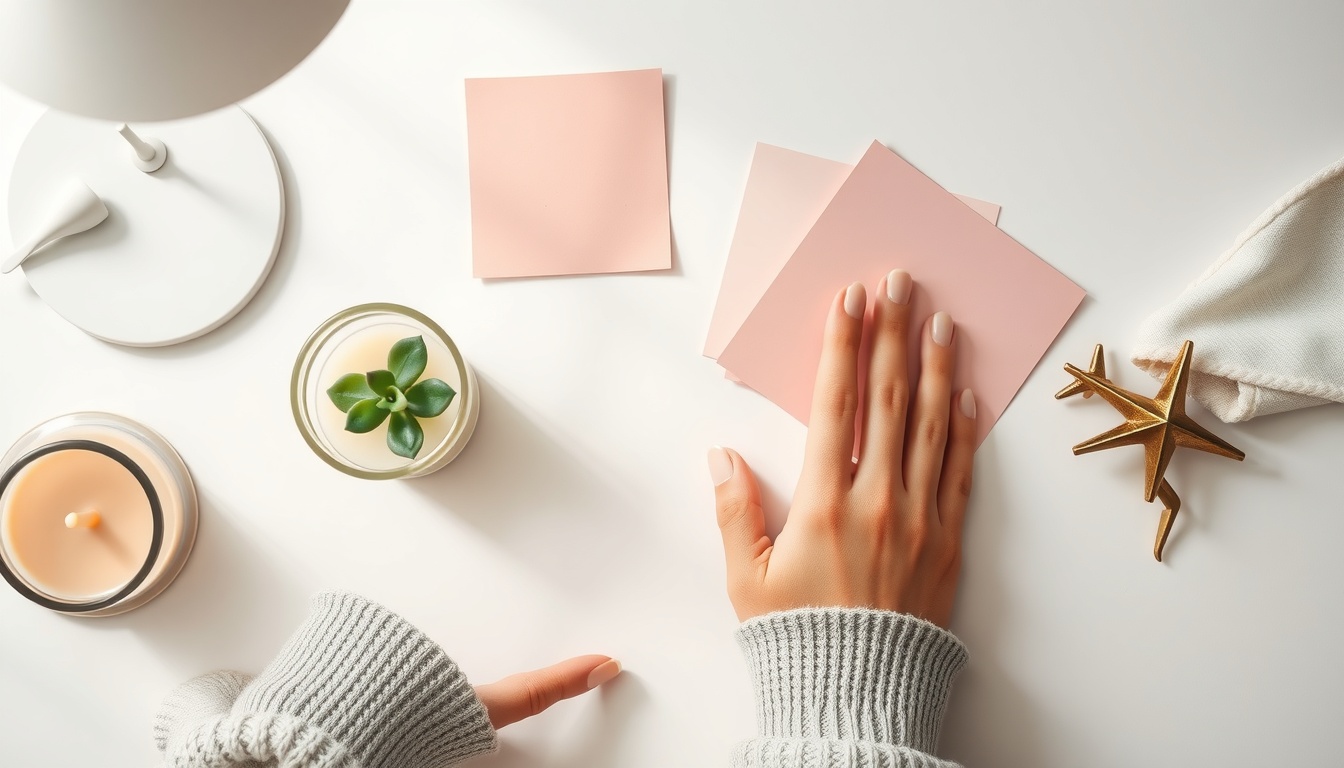 자취방 인테리어 - flat lay of interior decoration items including candle, small plant, and pastel color swatches on white desk, cozy self-living room interior concept