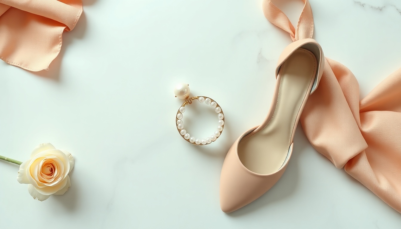 5월 결혼식 하객룩 - flat lay of spring wedding guest accessories including pearl earrings, nude heels, mini clutch bag and floral hair pin on pastel pink background, wedding guest look styling