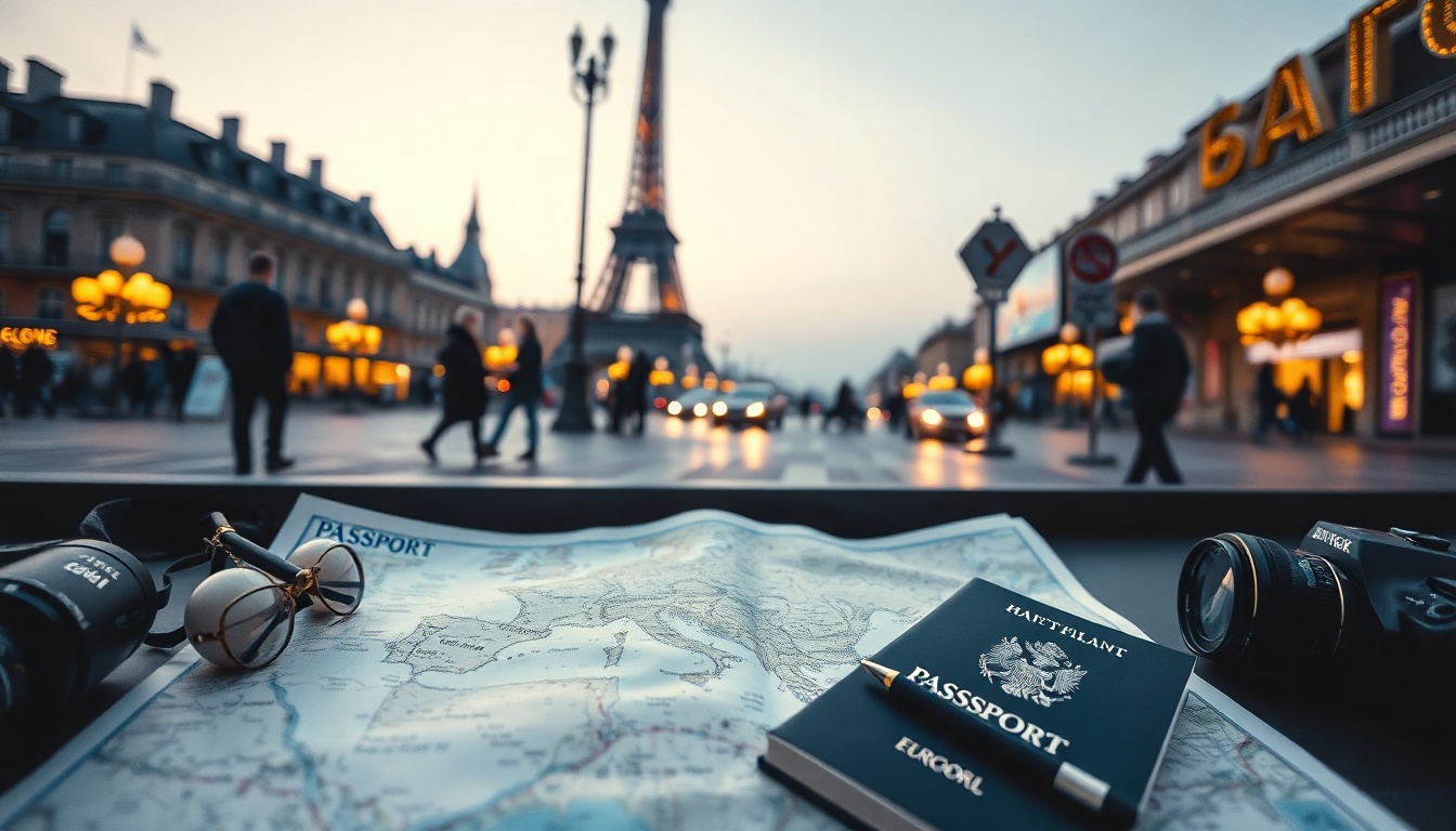 유럽 여행 준비 - flat lay of Europe travel essentials including passport, map, camera, and notebook on white desk, travel preparation concept