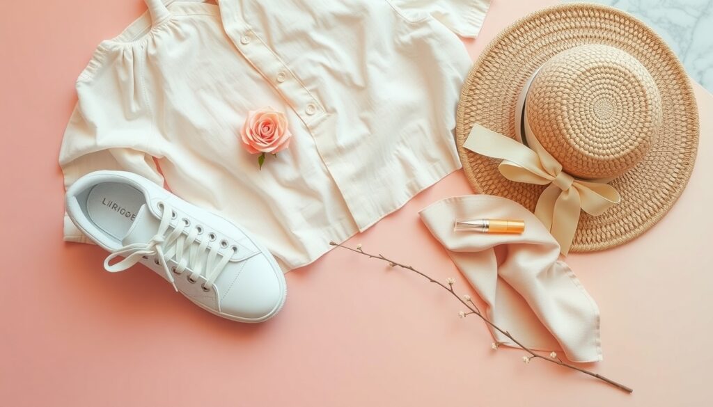 여름 코디 - flat lay of summer fashion items including linen shirt, white sneakers, straw bag and sunglasses on pastel background, summer coordination concept