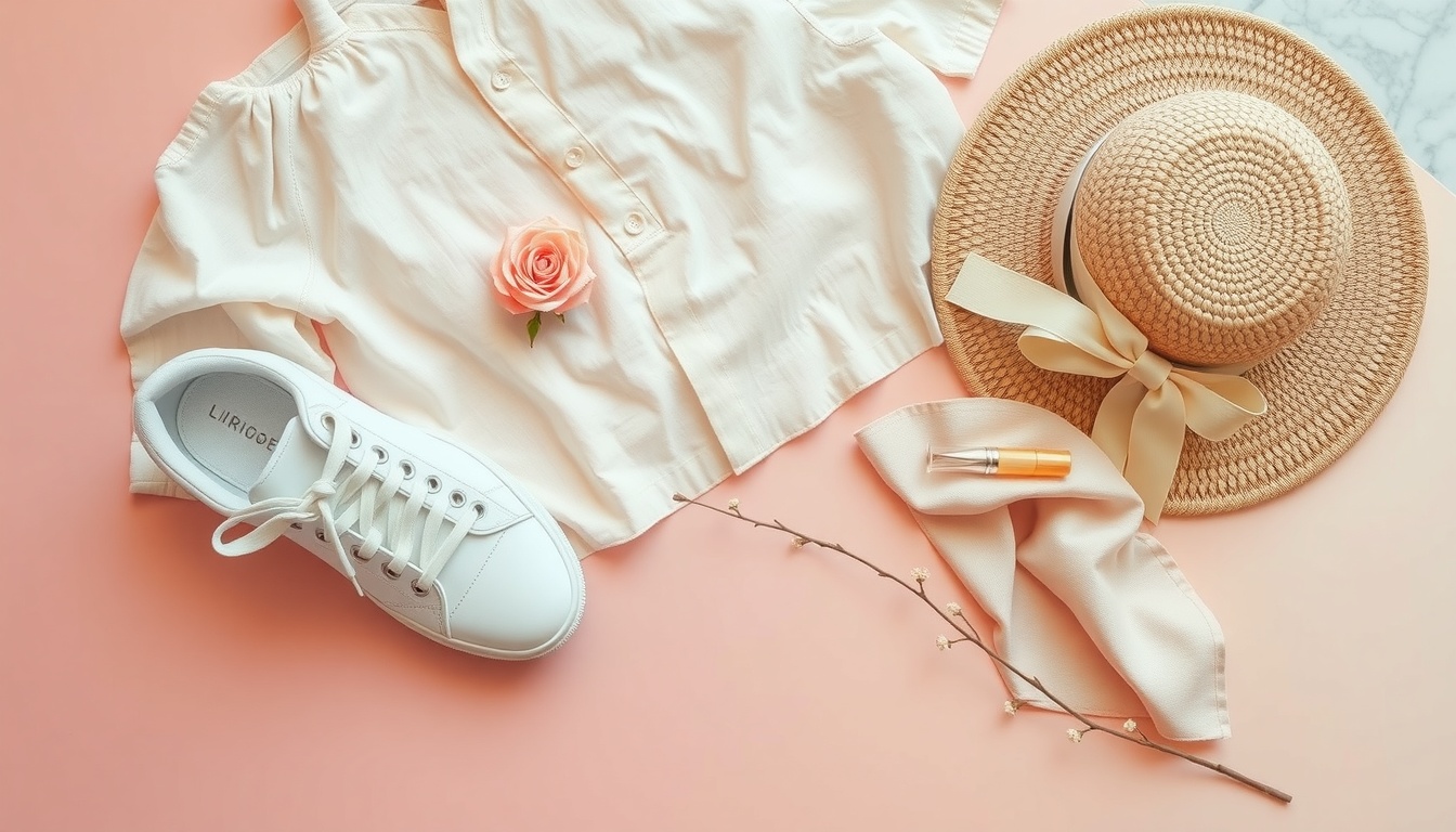 여름 코디 - flat lay of summer fashion items including linen shirt, white sneakers, straw bag and sunglasses on pastel background, summer coordination concept