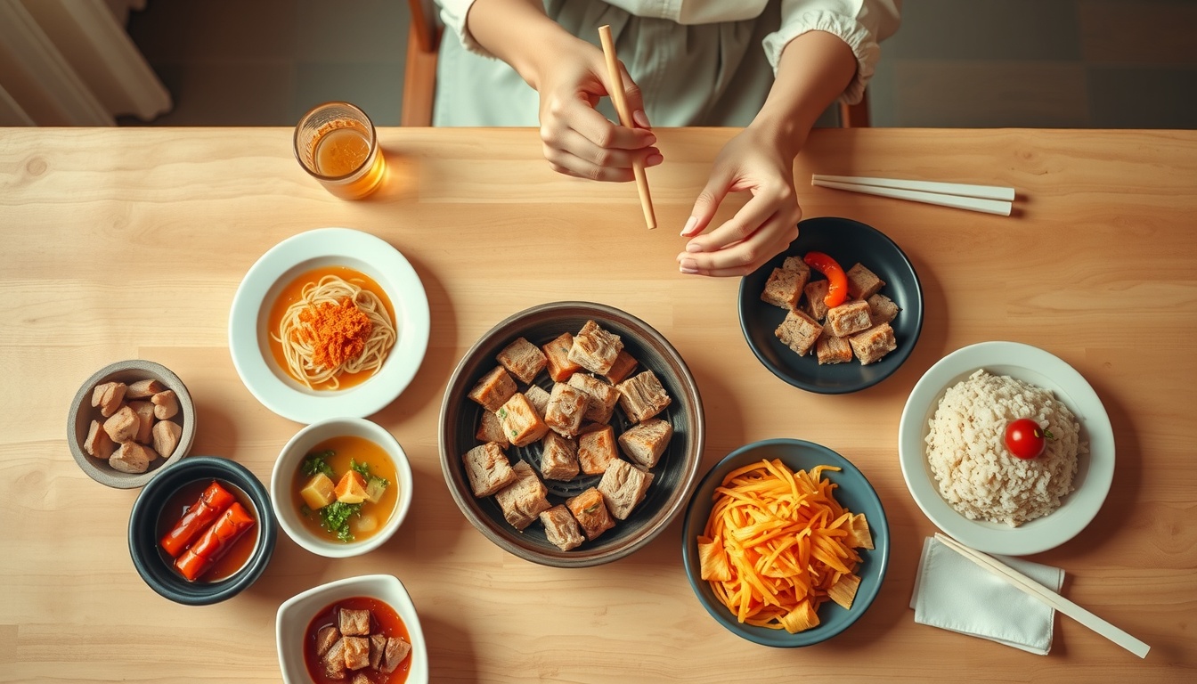 맛집 추천 - flat lay of Korean food spread on wooden table, colorful dishes and chopsticks, restaurant recommendation concept