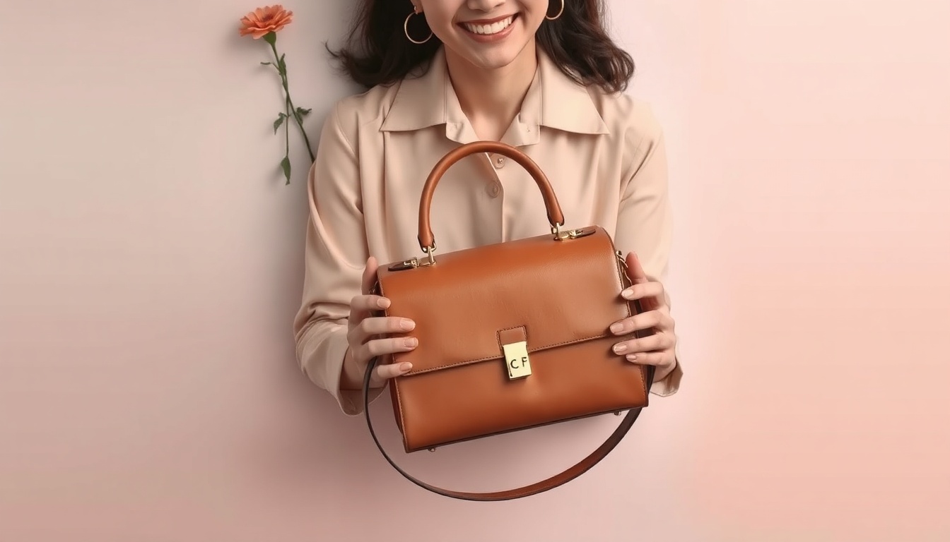 명품가방쇼핑몰 - Korean woman upper body shot with face visible, holding luxury handbag while smiling, natural hands, fashion lifestyle