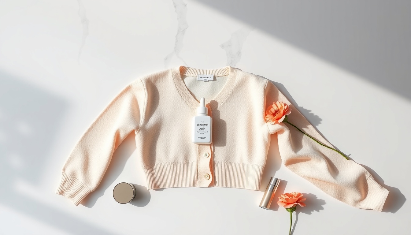 크롭 가디건 - flat lay of pastel crop cardigan with spring accessories on white background, fashion styling concept