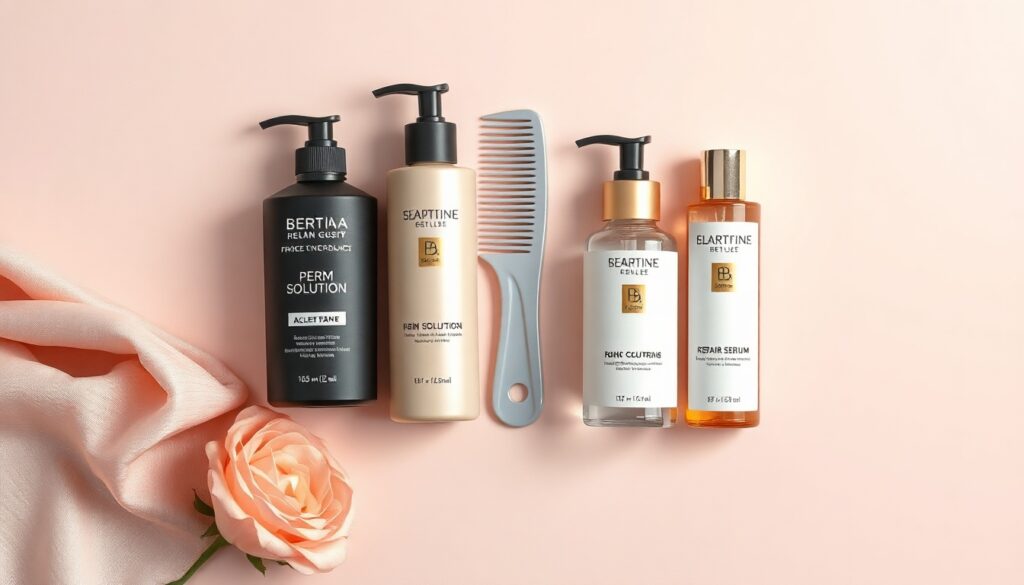 파마 망했을때 재시술 - flat lay of hair care products including perm solution, comb, and repair serum on pastel background, perm hair restoration concept
