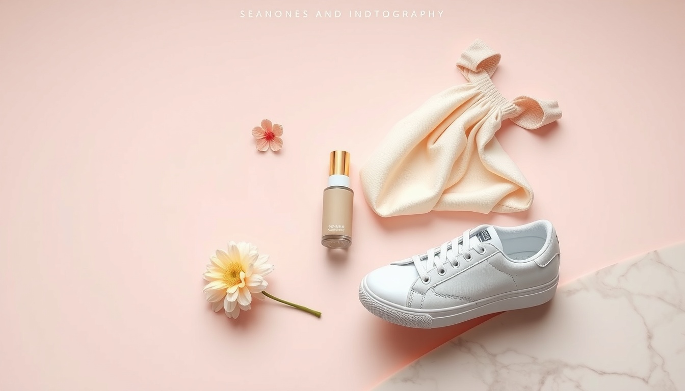 데이트 코디 - flat lay of spring women's fashion items including floral dress, white sneakers, and small bag on pastel background, date outfit styling concept