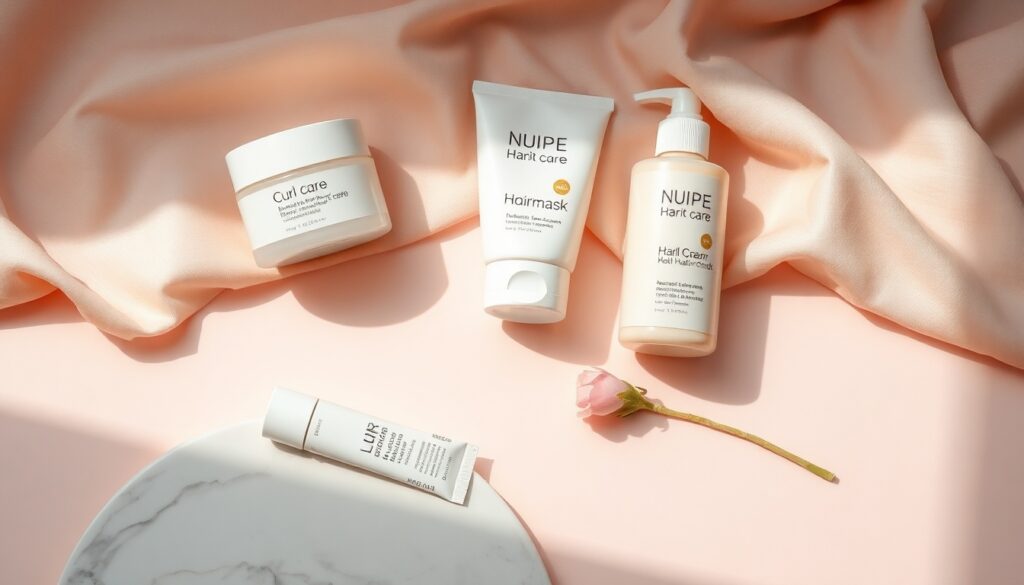 파마 망했을때 푸는법 - flat lay of hair care products including curl cream, hair mask, and wide-tooth comb on white marble surface, failed perm recovery concept