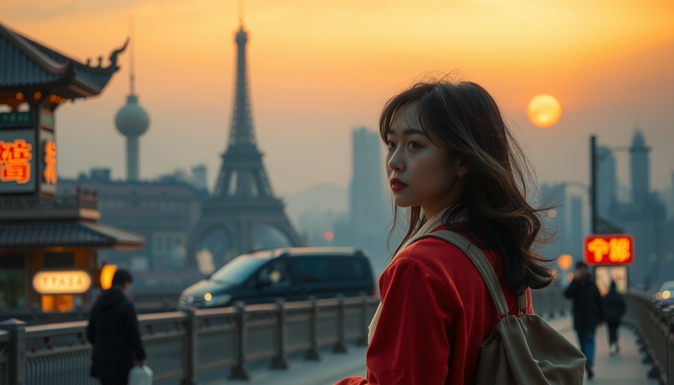 골든위크 여행 코디 - Korean woman full body shot with face visible, wearing stylish spring travel outfit with floral dress and denim jacket at scenic travel destination, golden week travel coordination