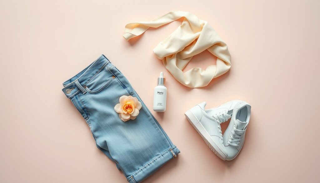 캐주얼 코디 - flat lay of casual outfit items including denim jeans, white sneakers, and neutral toned tops on white background, casual coordination concept