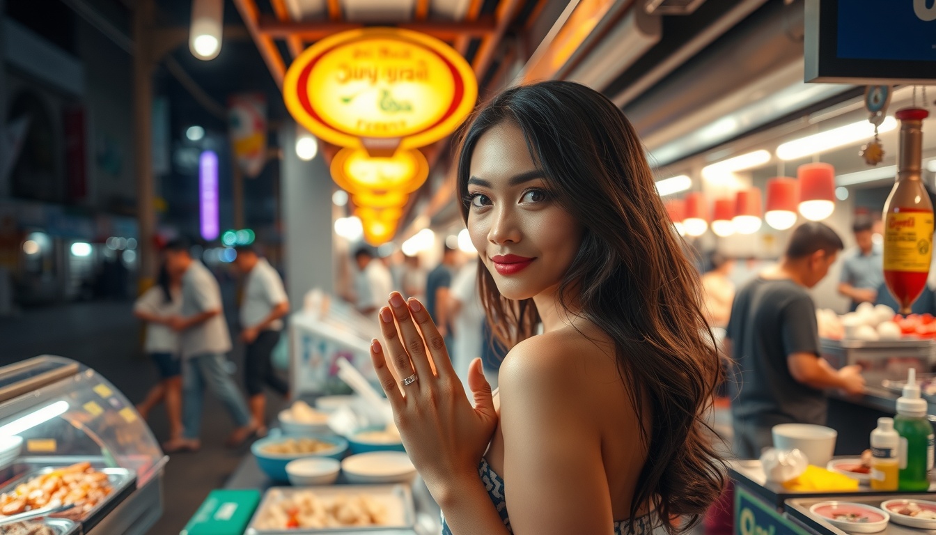 방콕 여행 - vibrant Bangkok street food market at night with colorful lights and local Thai dishes, Bangkok travel experience
