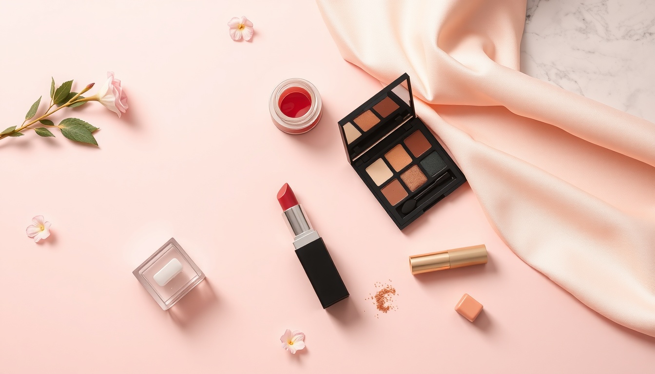 메이크업 추천 - flat lay of trendy makeup products including lipstick, eyeshadow palette and foundation on white marble surface, 2026 makeup recommendation concept