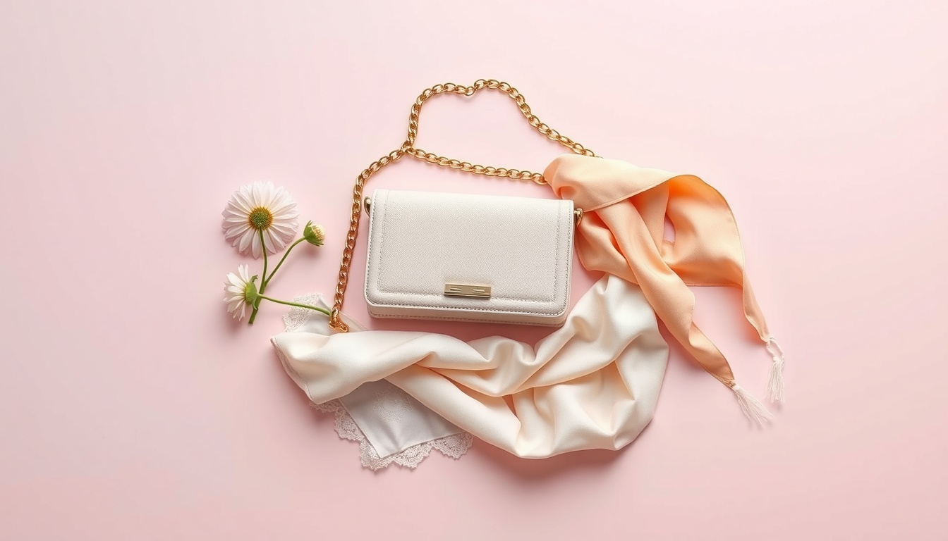 빈티지 패션 - flat lay of vintage fashion accessories including chain bag, silk scarf, retro sunglasses on terracotta background, product shot