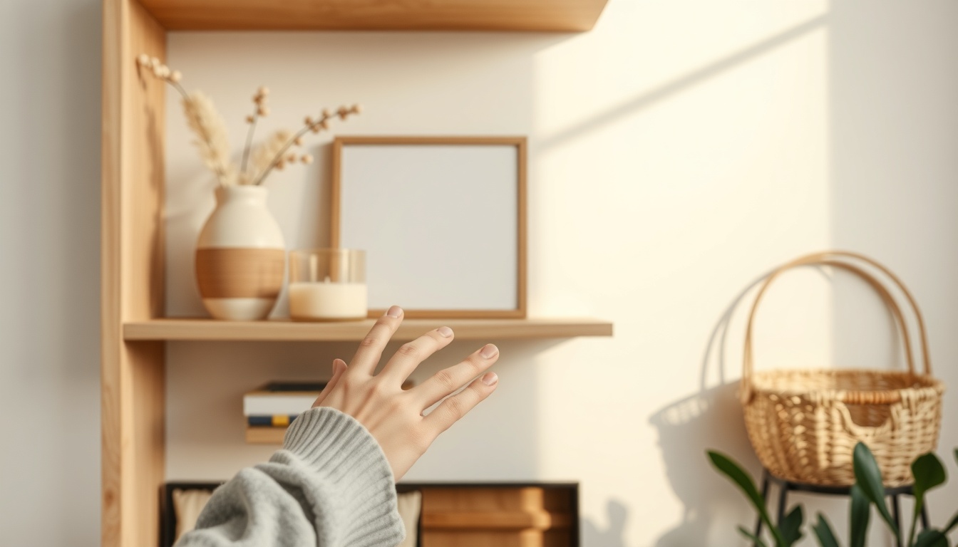 인테리어 소품 - cozy living room shelf with layered home decor items including vase, candle, and rattan basket, neutral color palette interior styling