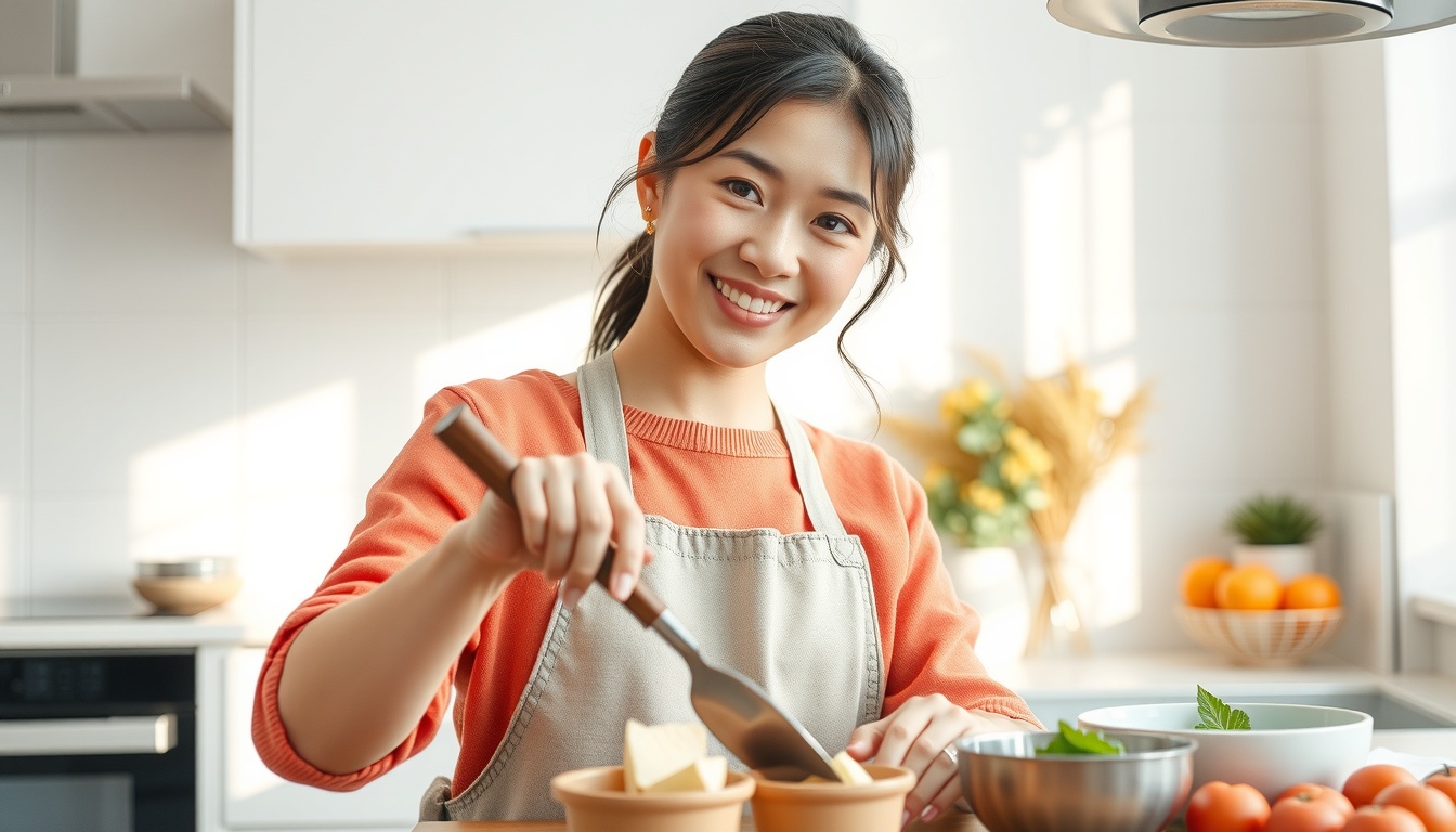 요리 레시피 - Korean woman upper body shot with face visible, smiling while cooking in bright modern kitchen, home cooking recipe concept, natural hands