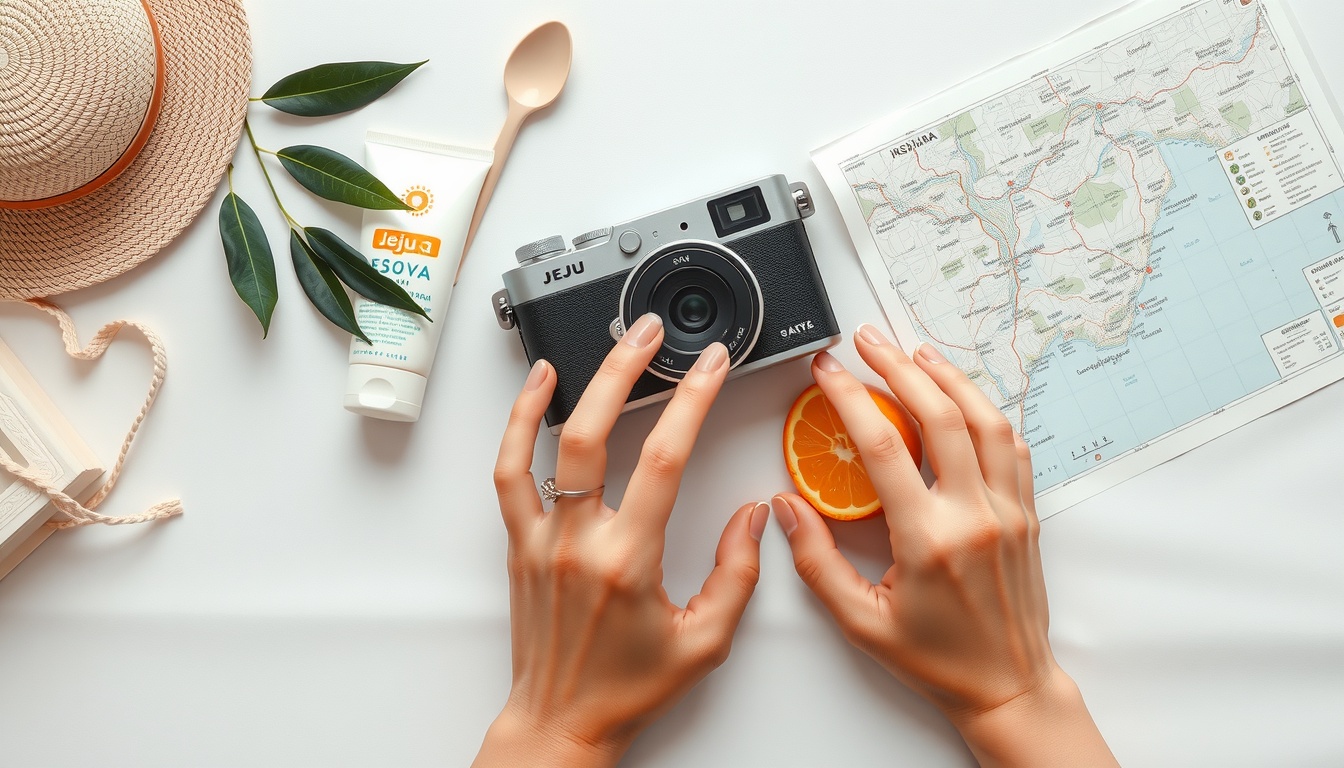 제주도 여행 - flat lay of Jeju travel essentials including sunscreen, camera, map and orange on white background