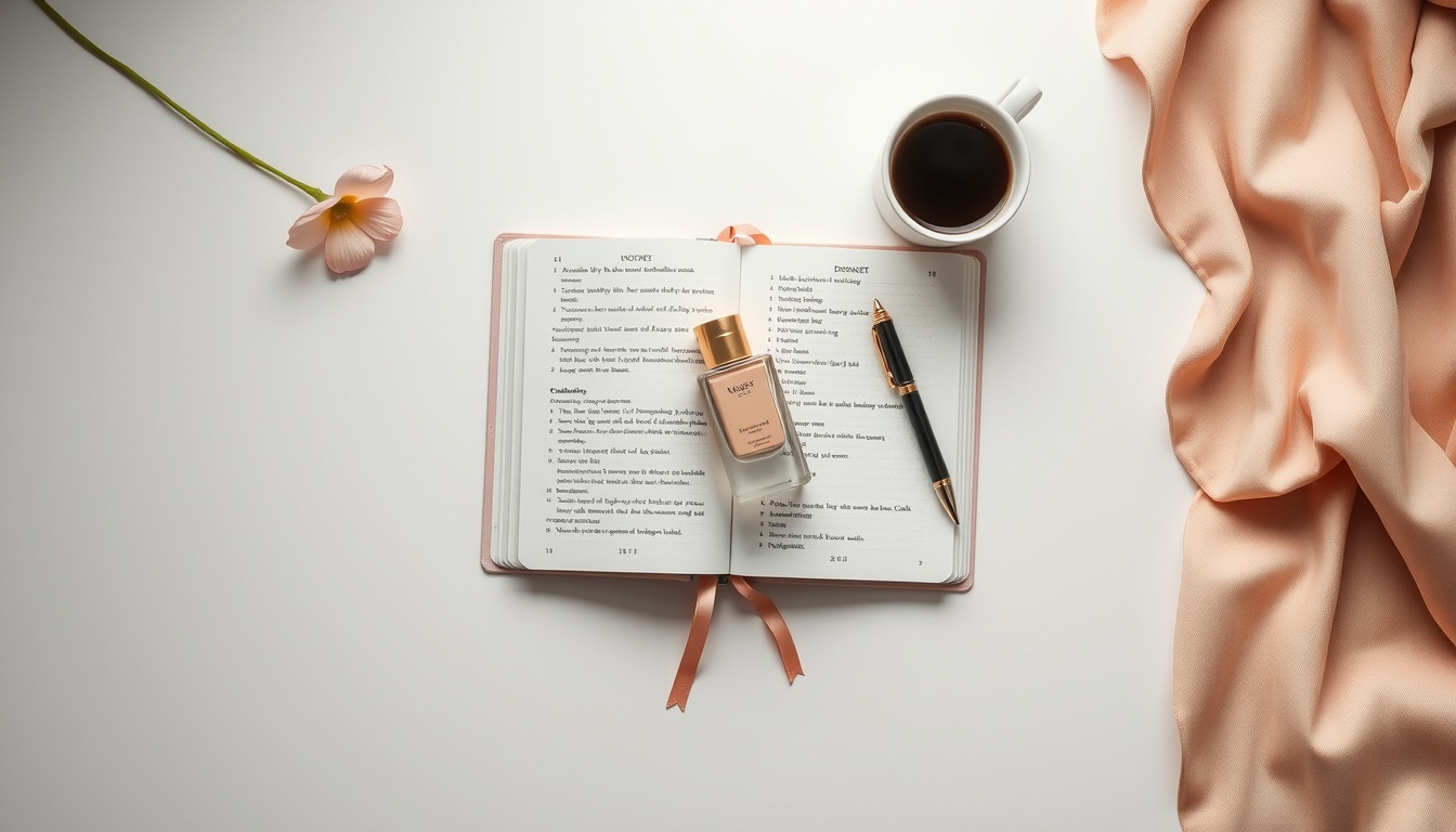 자기계발 방법 - flat lay of open journal, coffee cup, pen and small plant on white desk, self-development morning routine concept
