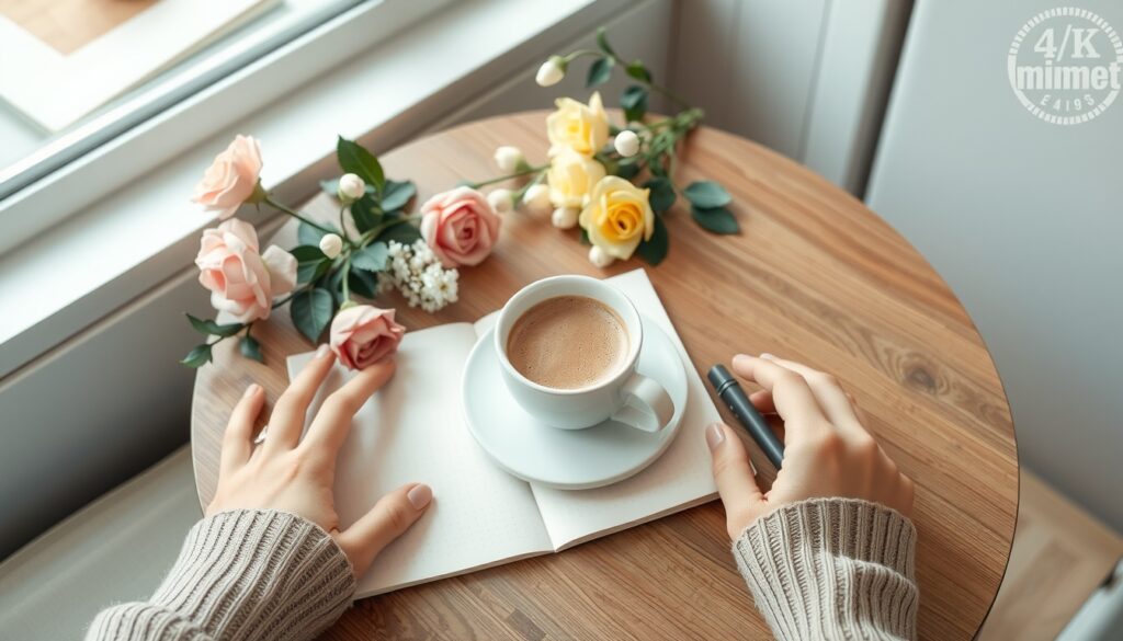 카페 추천 - flat lay of coffee cup, flowers, and notebook on a cozy wooden cafe table, cafe recommendation concept