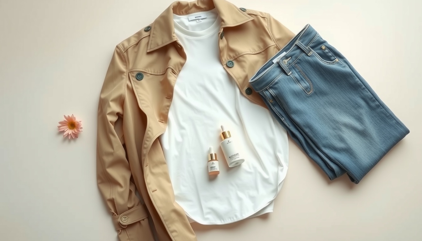 캐주얼 코디 - flat lay of casual coordination items including trench coat, white tee, and denim pants neatly arranged on light beige background, 2026 casual style