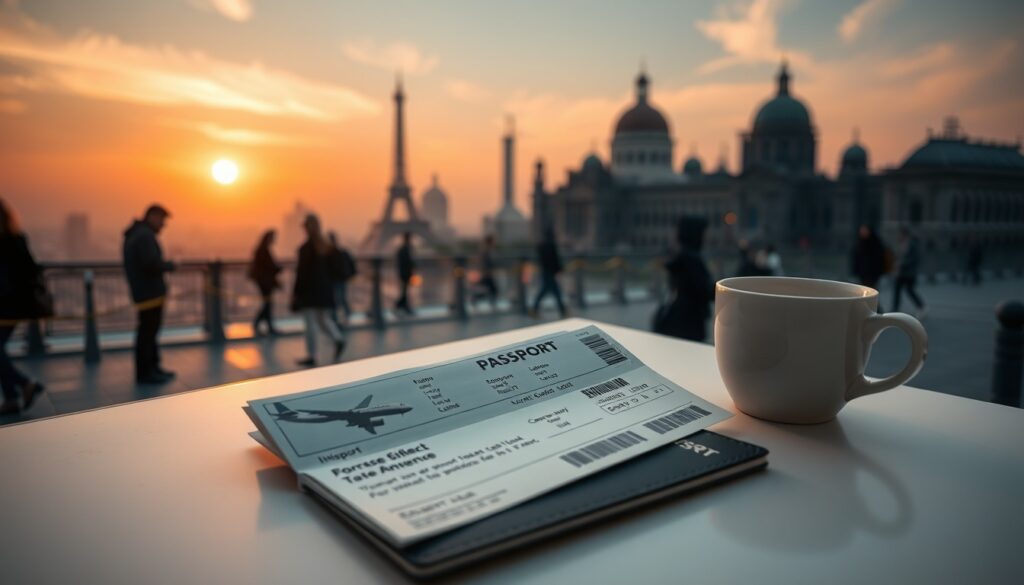 비지니스석특가 - flat lay of airplane ticket, passport, and coffee on white desk, business class flight deal concept