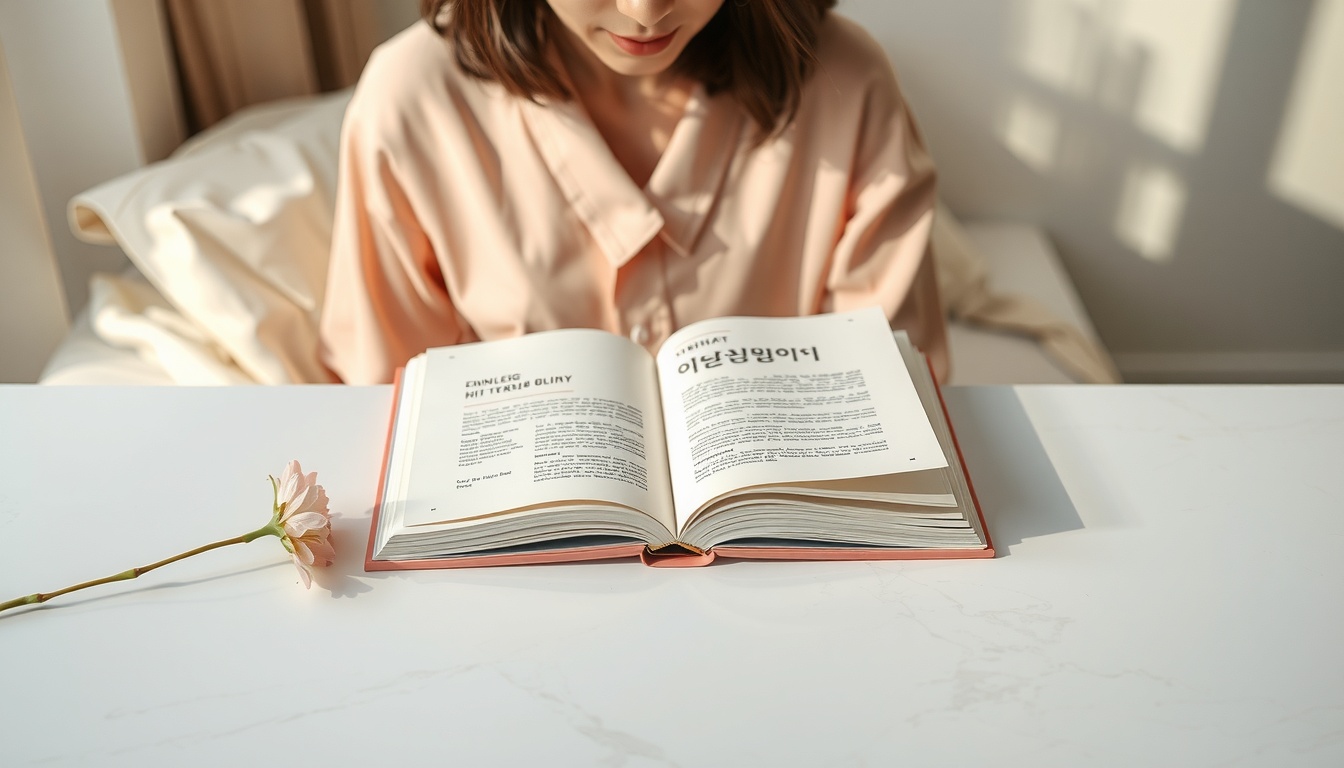 자기계발 방법 - Korean woman upper body shot with face visible, reading a book at cozy home desk with warm lighting, self-improvement concept, natural hands