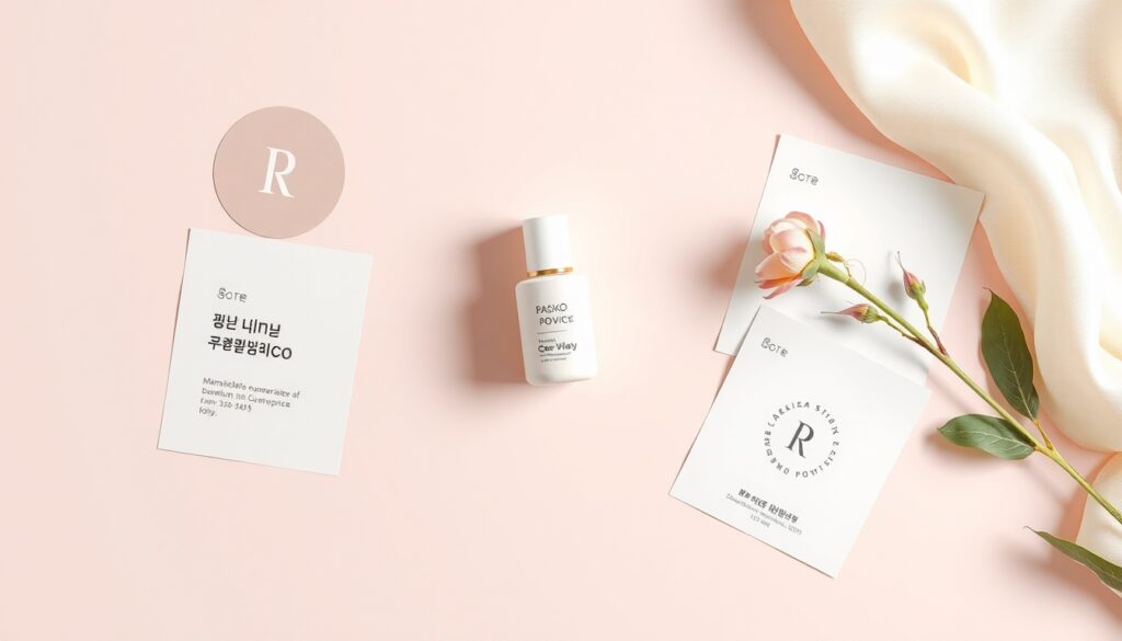 브랜딩 디자인 - flat lay of branding design materials including color swatches, logo sketches, and mood board on white desk