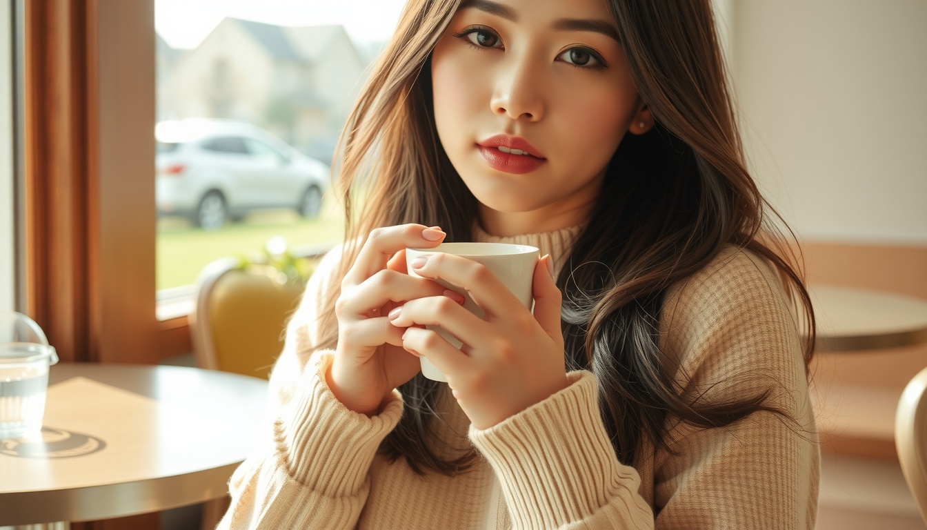 카페 추천 - upper body shot of Korean woman with face visible, sitting in a cozy cafe, holding a coffee cup with natural hands, soft morning light