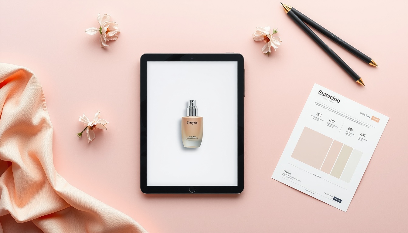 UI 디자인 - flat lay of design tools including tablet, stylus, color swatches, and wireframe sketches on white desk, UI design trend concept 2026
