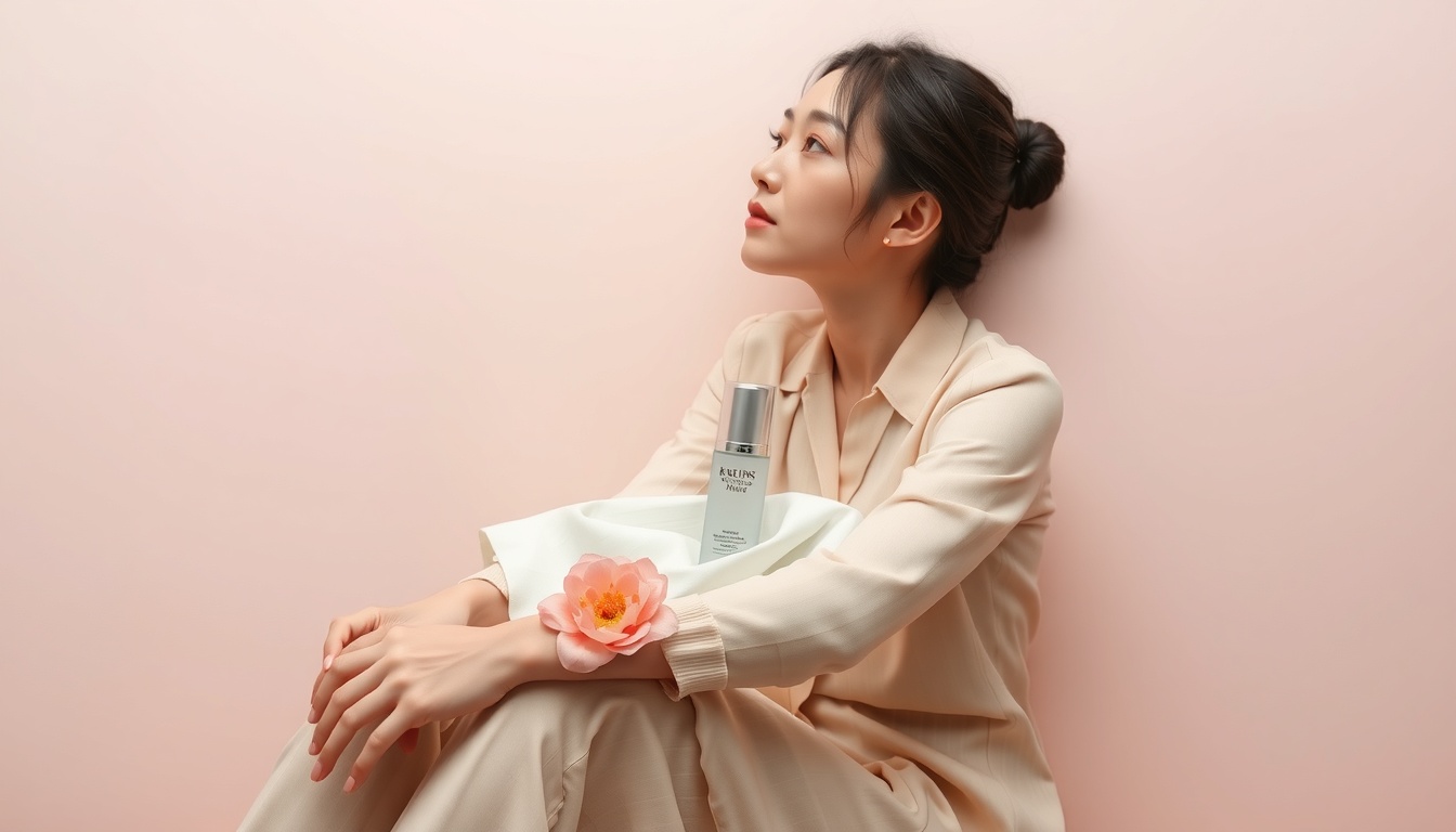 리플리증후군 - Korean woman upper body shot with face visible, sitting alone looking thoughtful, soft natural lighting, psychological reflection concept