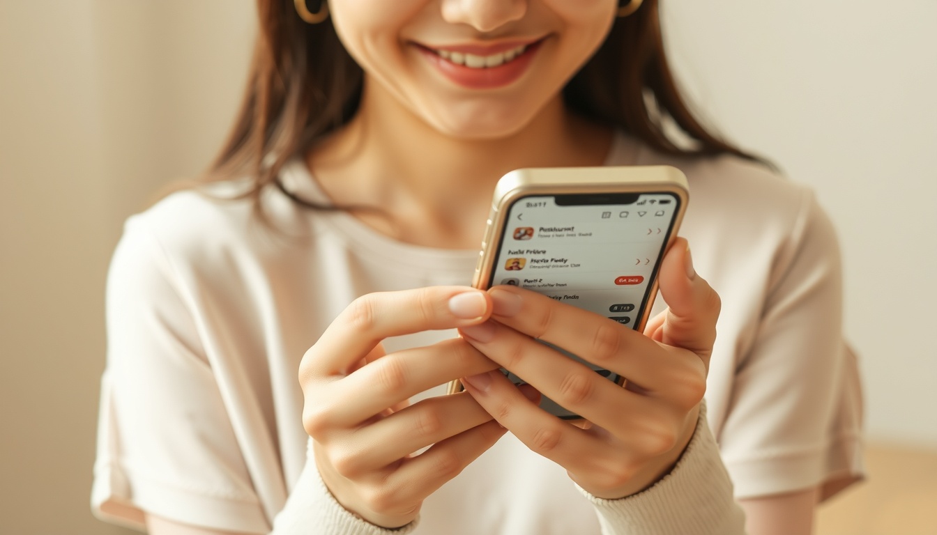 맛집 추천 - upper body shot of Korean woman with face visible, smiling while looking at smartphone for restaurant recommendation app, natural hands, warm indoor lighting