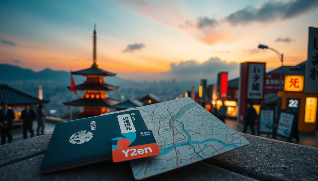 일본 여행 실패하는 이유 TOP5 - flat lay of Japan travel essentials including passport, map, IC card, and yen coins on white background, japan travel failure tips concept