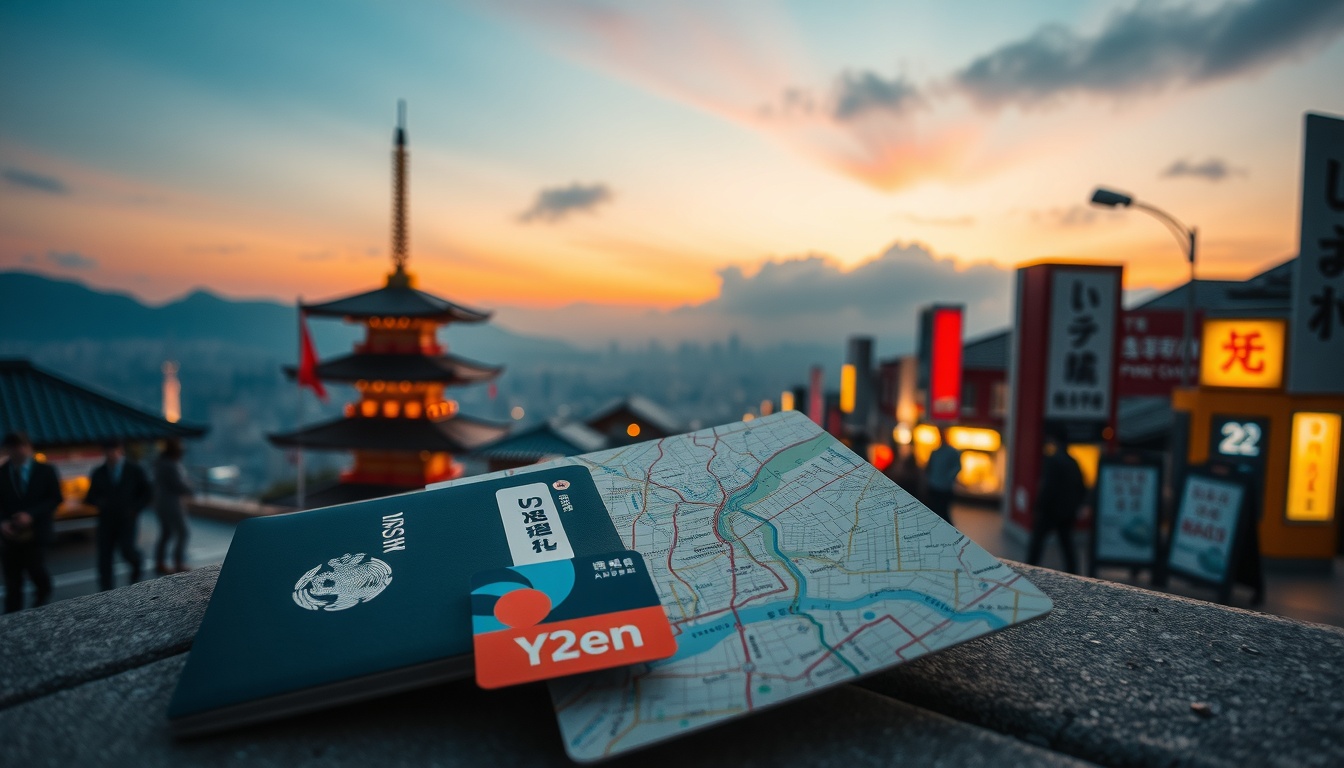 일본 여행 실패하는 이유 TOP5 - flat lay of Japan travel essentials including passport, map, IC card, and yen coins on white background, japan travel failure tips concept