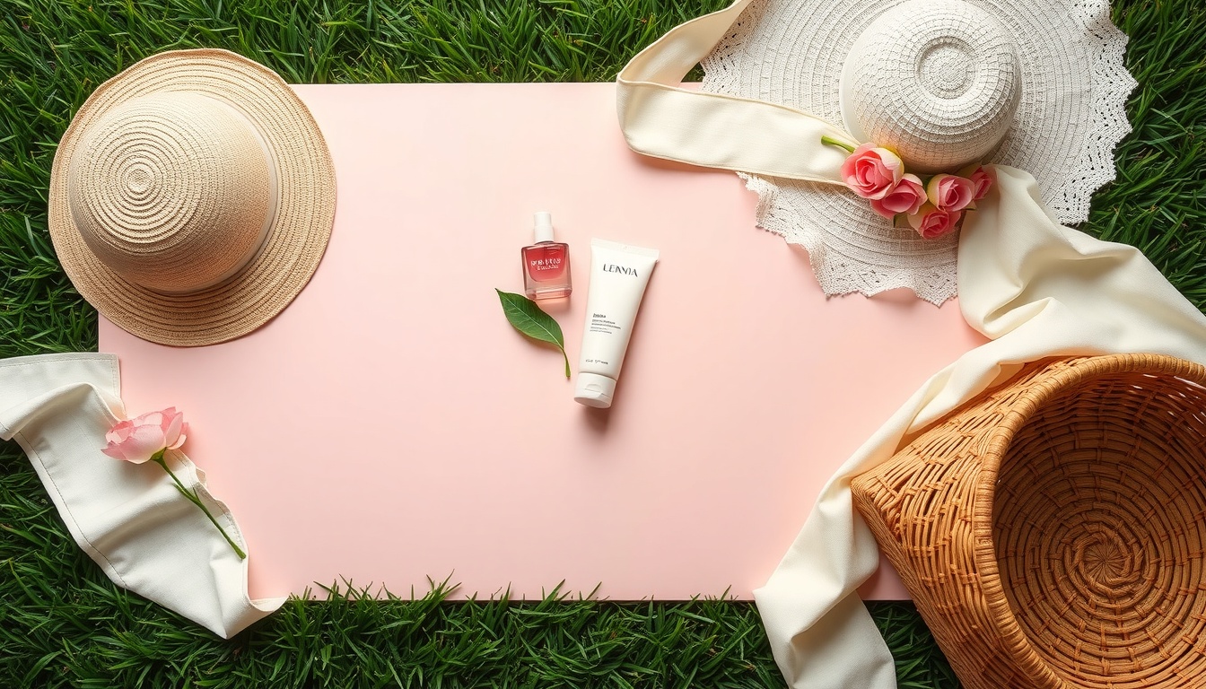 감성 피크닉 패션 - flat lay of floral dress, straw hat, and wicker basket on green grass, spring picnic fashion concept
