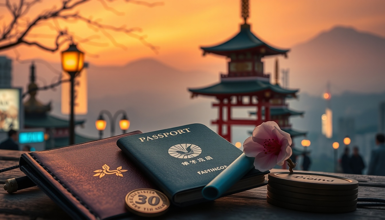 일본 여행 직장인 3박4일 일정 추천 - flat lay of Japan travel essentials including passport, yen coins, cherry blossom petals, and travel map on white desk, Japan trip planning concept